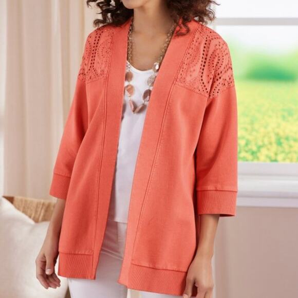 SOFT SURROUNDINGS Ellie Topper Cardigan Sweater Eyelet Peach {Q14} - Picture 1 of 5